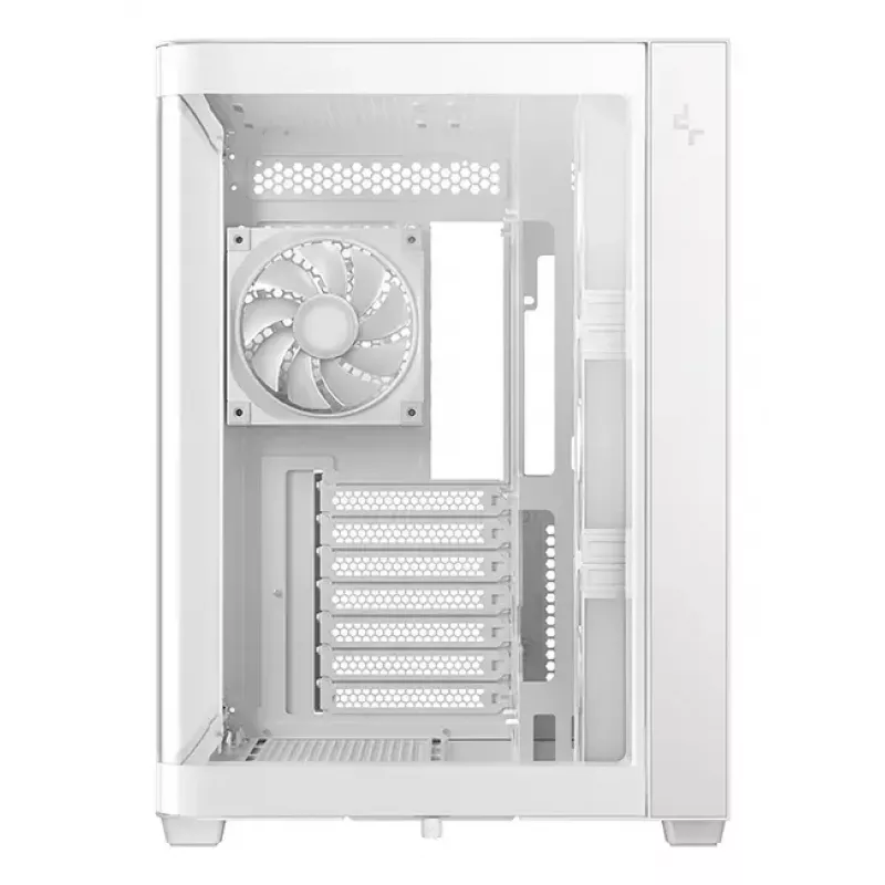 PC korpusa tornis DeepCool CG530U 4F Balts — aizmugurējais barošanas bloks, atbalsta 3x120mm sānu + 1x120mm aizmugurējo ventilatoru, 120/140mm ventilatoru stiprinājumi, 2,5 collu un 3,5 collu HDD