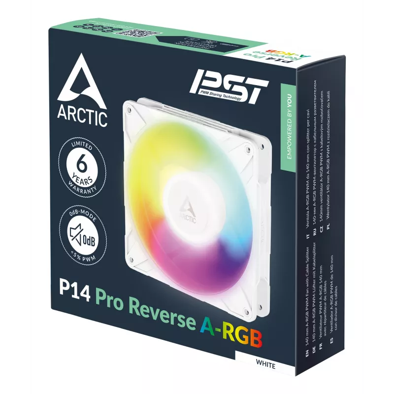 ARCTIC Freezer P14 Pro Reverse A-RGB (balta) - 3 Pack - 140 mm A-RGB PWM ventilators ar kabeļa sadalītāju