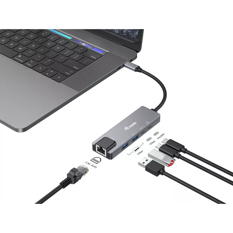 Equip 5-in-1 daudzfunkciju adapteris, 2.5GbE, USB-A x 2, USB-C x 1, USB-C, 100W USB PD