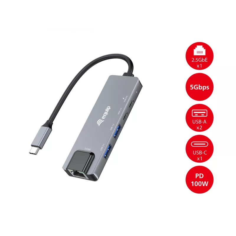 Equip 5-in-1 daudzfunkciju adapteris, 2.5GbE, USB-A x 2, USB-C x 1, USB-C, 100W USB PD
