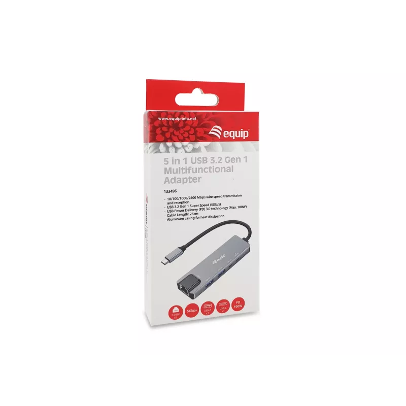 Equip 5-in-1 daudzfunkciju adapteris, 2.5GbE, USB-A x 2, USB-C x 1, USB-C, 100W USB PD