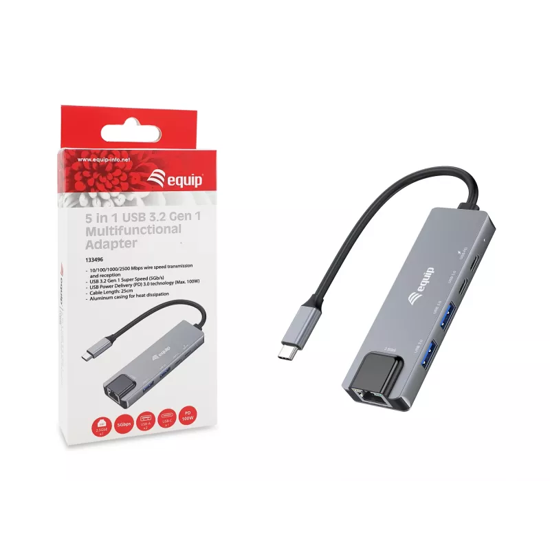 Equip 5-in-1 daudzfunkciju adapteris, 2.5GbE, USB-A x 2, USB-C x 1, USB-C, 100W USB PD