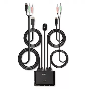 Lindy 2 Portu DisplayPort 1.2, USB Type C, USB 2.0 un Audio Kabeļa KVM Slēdzis