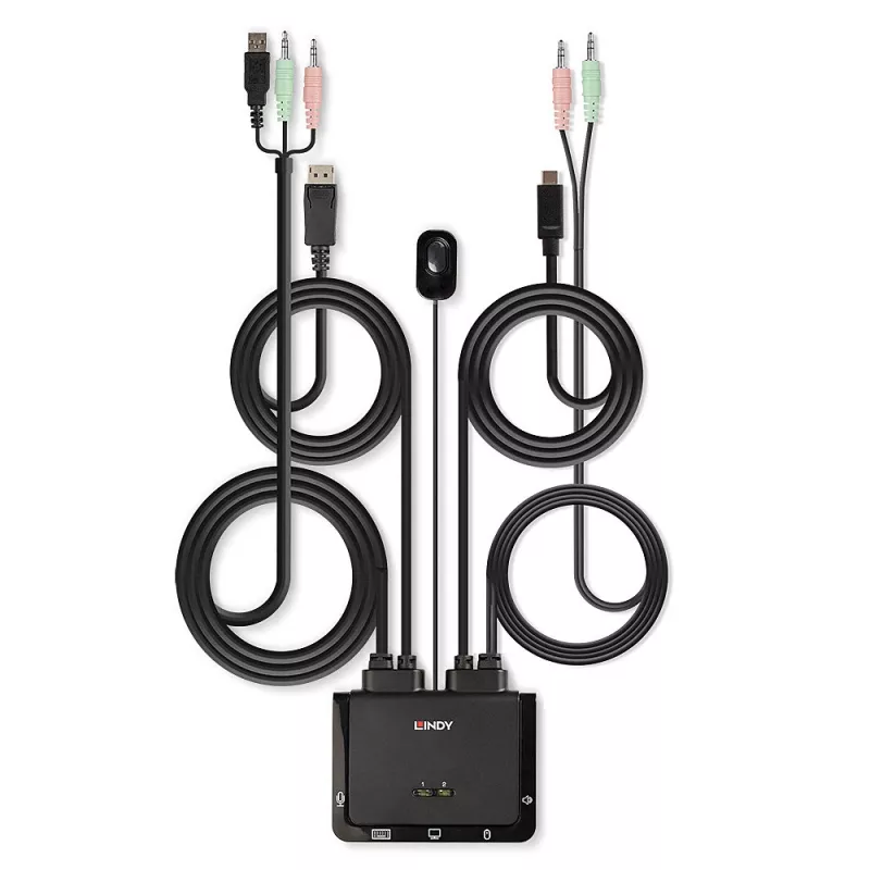 Lindy 2 Portu DisplayPort 1.2, USB Type C, USB 2.0 un Audio Kabeļa KVM Slēdzis