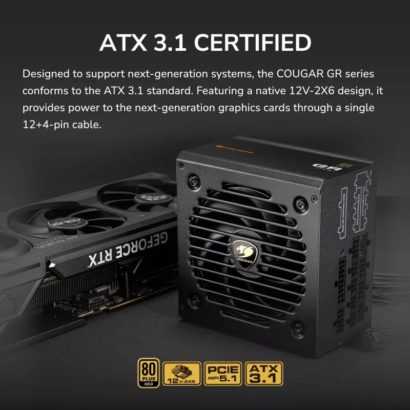 Barošanas bloks Cougar GR 850W ATX3.1 PCIe 5.1 80 PLUS Gold, 850 W, 20+4 pin ATX, 120 mm ventilators, melns