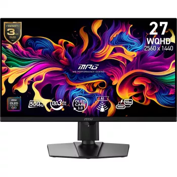 Datora monitors MSI MPG 271QRDE QD-OLED X50, 26,5 collas (67,3 cm), 2560×1440, QD-OLED, 1 ms, 16:9, USB 2.0 centrmezgls, VESA, augstumā regulējams, melns