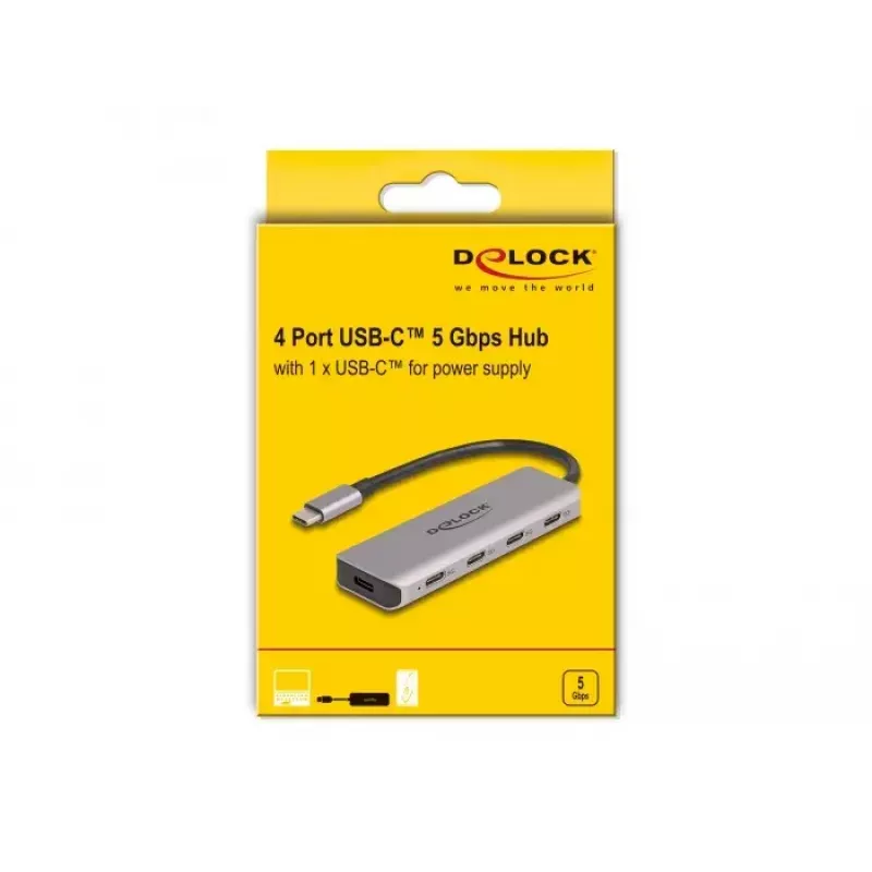 DeLOCK USB centrmezgls 5 Gbps 4 portu USB Type-C pelēks metāla