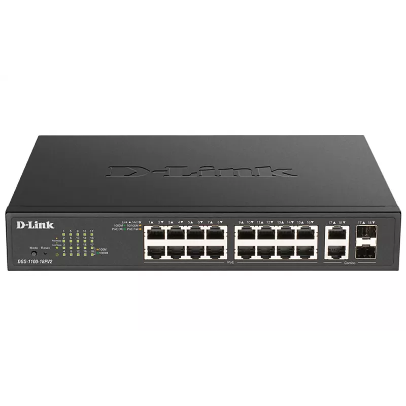 D-Link DGS-1100-18PV2 tīkla slēdzis Pārvaldāms L2 Gigabit Ethernet (10/100/1000) Power over Ethernet (PoE) 1U Melns
