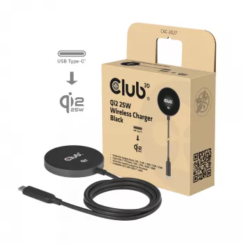 Bezvadu uzlādes paliktnis CLUB3D CAC-3027 Qi2 25W MagSafe-saderīgs magnētiskais paliktnis, līdzstrāvas iekštelpu lādētājs, 1 m kabelis, melns