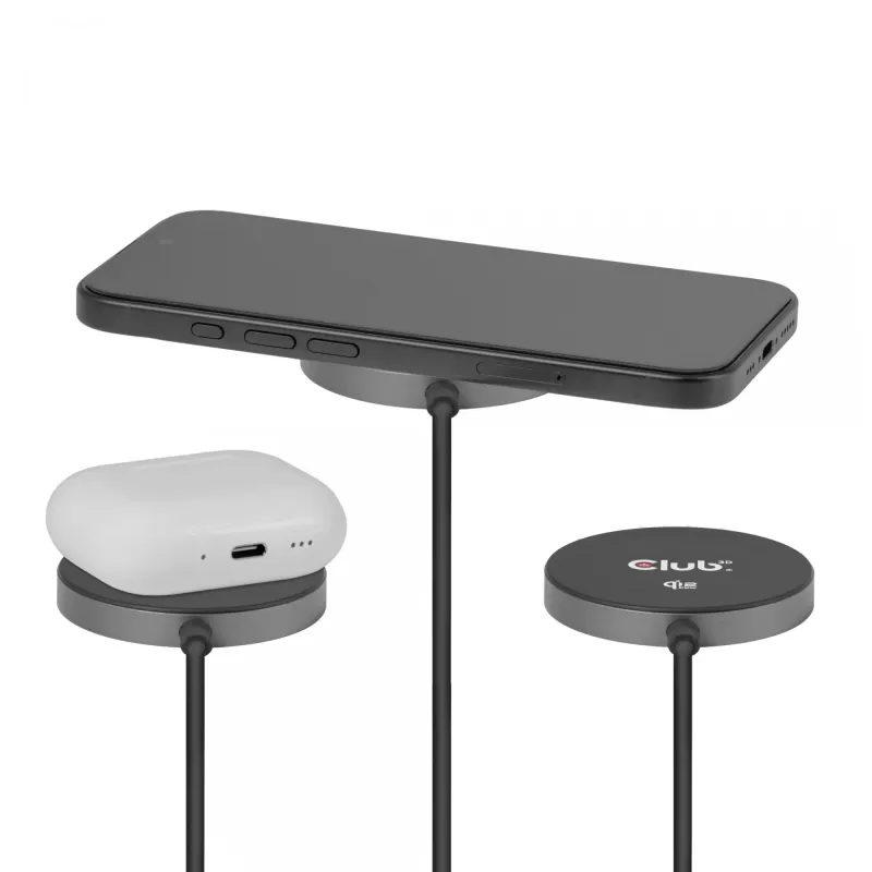Bezvadu uzlādes paliktnis CLUB3D CAC-3027 Qi2 25W MagSafe-saderīgs magnētiskais paliktnis, līdzstrāvas iekštelpu lādētājs, 1 m kabelis, melns