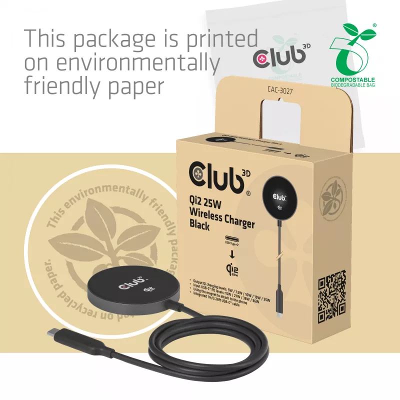 Bezvadu uzlādes paliktnis CLUB3D CAC-3027 Qi2 25W MagSafe-saderīgs magnētiskais paliktnis, līdzstrāvas iekštelpu lādētājs, 1 m kabelis, melns