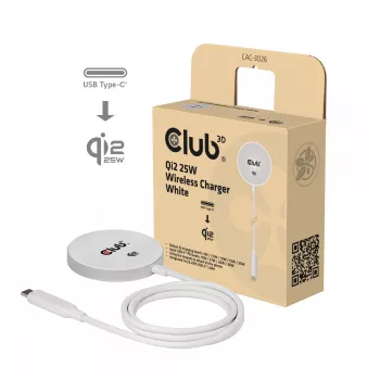 Bezvadu lādētājs club 3d CAC-3026 25W Qi2 magnētiskais paliktnis, Qi 2.2 MagSafe saderīgs, 1 m kabelis, balts