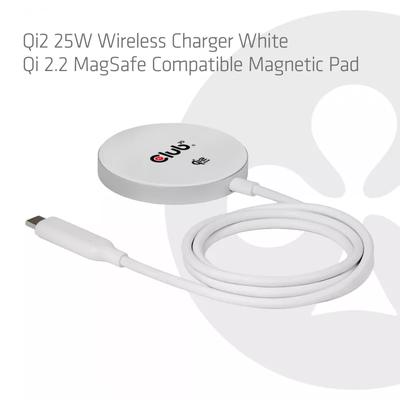 Bezvadu lādētājs club 3d CAC-3026 25W Qi2 magnētiskais paliktnis, Qi 2.2 MagSafe saderīgs, 1 m kabelis, balts