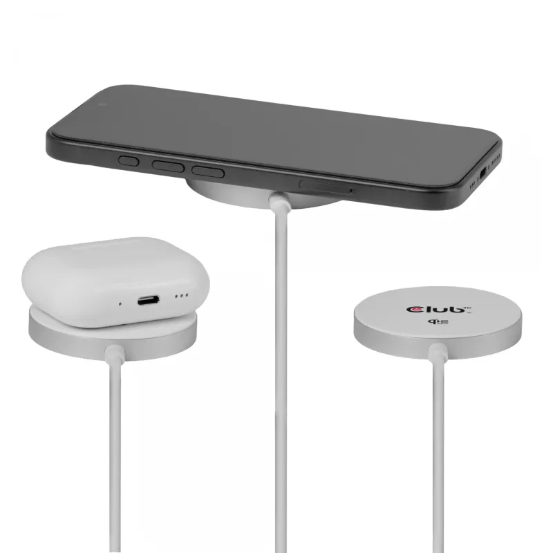 Bezvadu lādētājs club 3d CAC-3026 25W Qi2 magnētiskais paliktnis, Qi 2.2 MagSafe saderīgs, 1 m kabelis, balts