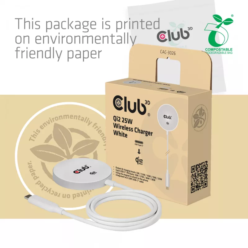 Bezvadu lādētājs club 3d CAC-3026 25W Qi2 magnētiskais paliktnis, Qi 2.2 MagSafe saderīgs, 1 m kabelis, balts