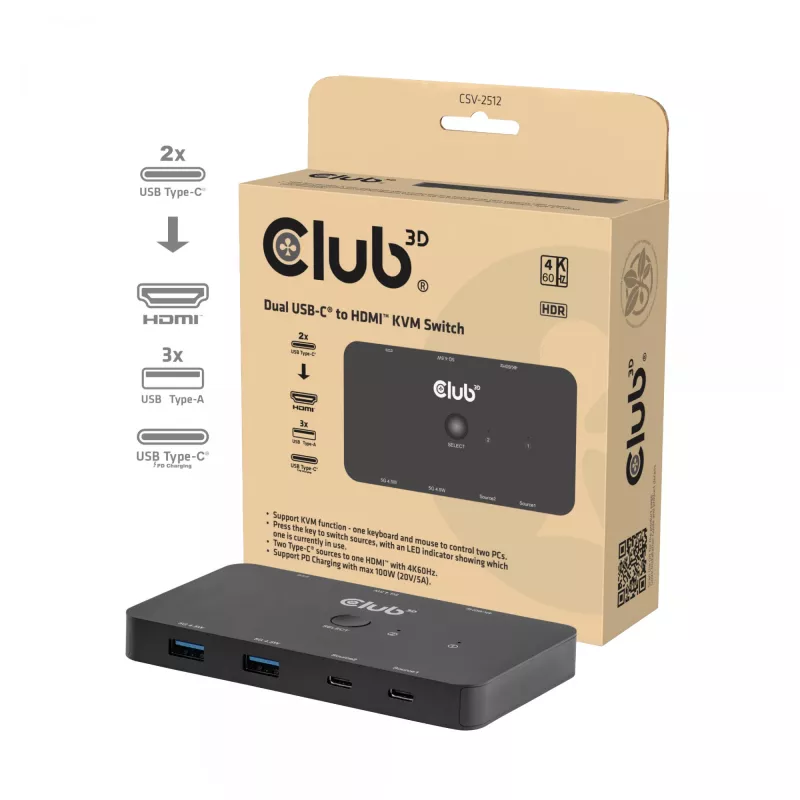 KVM slēdzis club 3d Dual USB-C uz HDMI, 2 portu, 4K UHD 3840x2160, USB-C konsole, 65W PD, melns