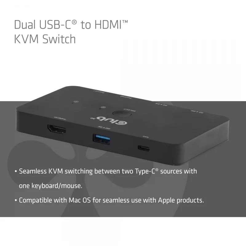 KVM slēdzis club 3d Dual USB-C uz HDMI, 2 portu, 4K UHD 3840x2160, USB-C konsole, 65W PD, melns