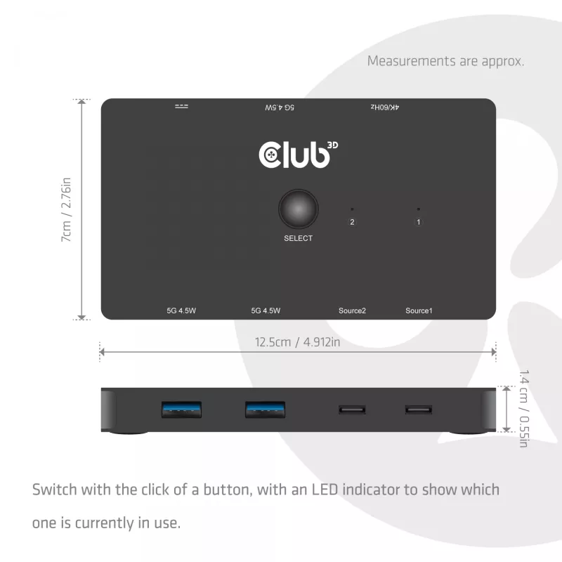 KVM slēdzis club 3d Dual USB-C uz HDMI, 2 portu, 4K UHD 3840x2160, USB-C konsole, 65W PD, melns