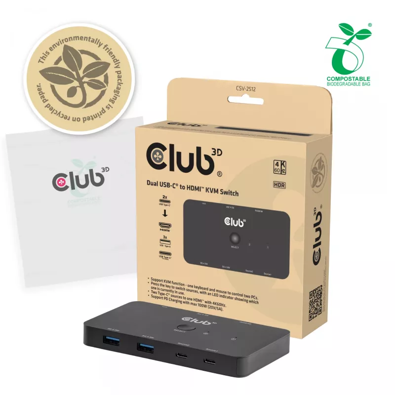 KVM slēdzis club 3d Dual USB-C uz HDMI, 2 portu, 4K UHD 3840x2160, USB-C konsole, 65W PD, melns