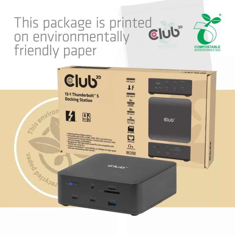 Dokstacija CLUB3D CSV-2562 Thunderbolt 5, M.2 SSD, 2×HDMI 8K60Hz, 180W, 120 Gbit/s