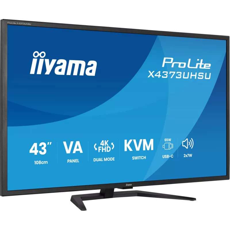 43 collu IIYAMA ProLite X4373UHSU-B2 LED 4K Ultra HD monitors, 3840×2160, VA panelis, 3 ms, 450 cd/m², USB 3.2 centrmezgls, skaļruņi, VESA, melns