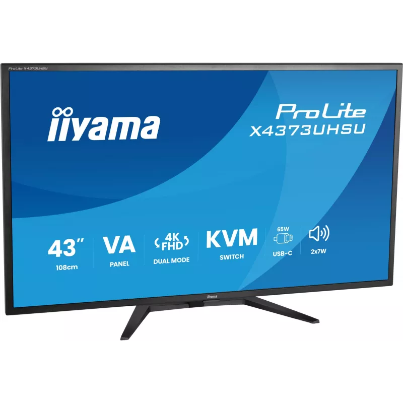43 collu IIYAMA ProLite X4373UHSU-B2 LED 4K Ultra HD monitors, 3840×2160, VA panelis, 3 ms, 450 cd/m², USB 3.2 centrmezgls, skaļruņi, VESA, melns