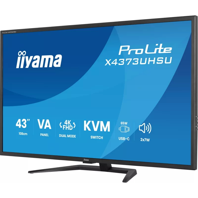 43 collu IIYAMA ProLite X4373UHSU-B2 LED 4K Ultra HD monitors, 3840×2160, VA panelis, 3 ms, 450 cd/m², USB 3.2 centrmezgls, skaļruņi, VESA, melns
