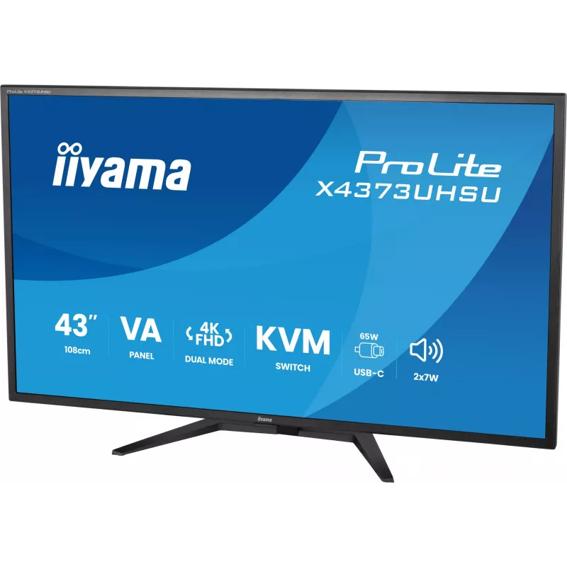 43 collu IIYAMA ProLite X4373UHSU-B2 LED 4K Ultra HD monitors, 3840×2160, VA panelis, 3 ms, 450 cd/m², USB 3.2 centrmezgls, skaļruņi, VESA, melns
