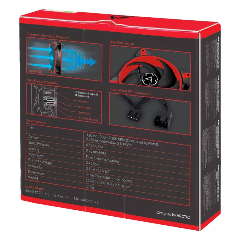 ARCTIC BioniX P120 (sarkans) – spiedienam optimizēts 120 mm spēļu ventilators ar PWM PST