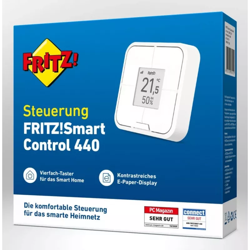 Pie sienas stiprināms bezvadu viedais kontrolieris FRITZ Smart Control 440 — balts, 69×69×18 mm