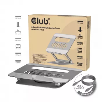 CLUB3D regulējams alumīnija klēpjdatora statīvs ar USB-C® centrmezglu, pelēks, 260 mm, 224 mm, 56 mm, 1,76 kg, 315 mm