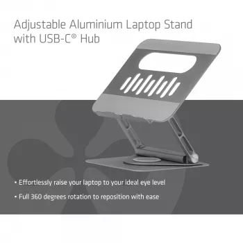 CLUB3D regulējams alumīnija klēpjdatora statīvs ar USB-C® centrmezglu, pelēks, 260 mm, 224 mm, 56 mm, 1,76 kg, 315 mm