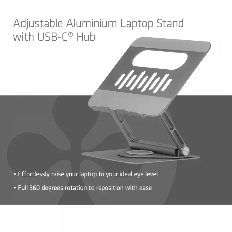 CLUB3D regulējams alumīnija klēpjdatora statīvs ar USB-C® centrmezglu, pelēks, 260 mm, 224 mm, 56 mm, 1,76 kg, 315 mm