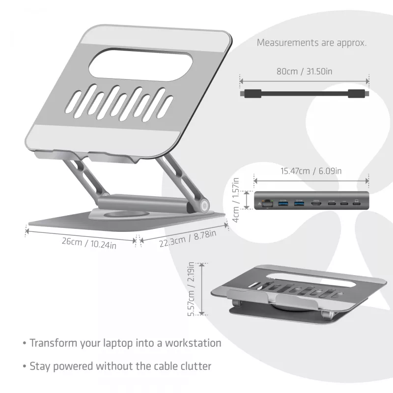 CLUB3D regulējams alumīnija klēpjdatora statīvs ar USB-C® centrmezglu, pelēks, 260 mm, 224 mm, 56 mm, 1,76 kg, 315 mm