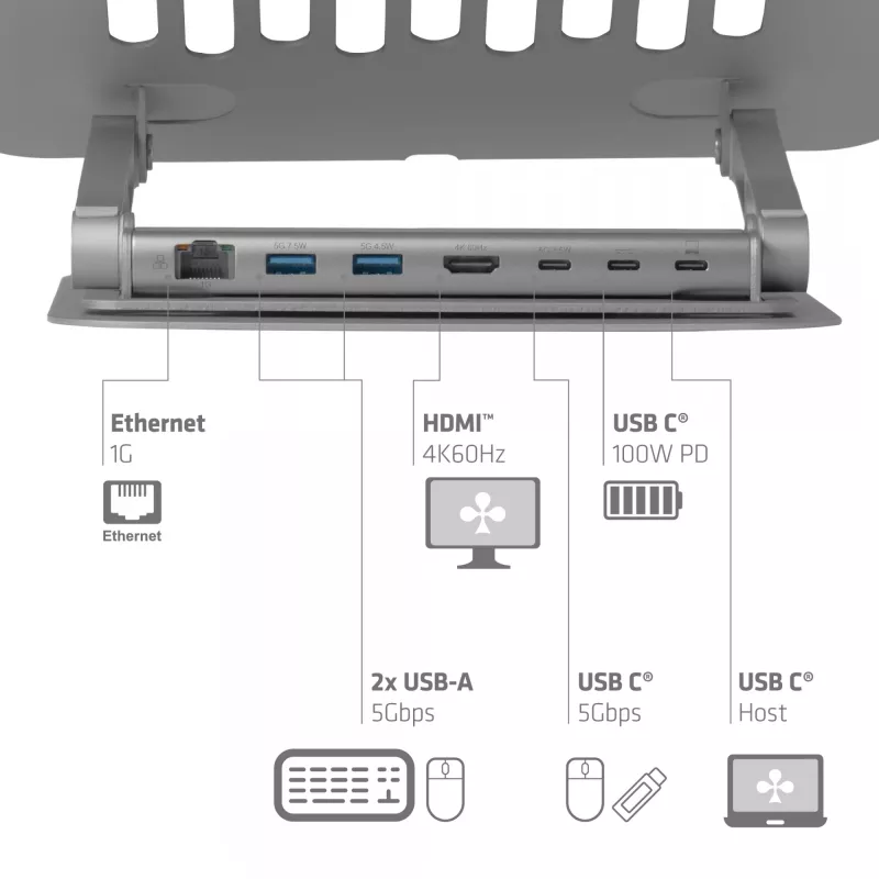 CLUB3D regulējams alumīnija klēpjdatora statīvs ar USB-C® centrmezglu, pelēks, 260 mm, 224 mm, 56 mm, 1,76 kg, 315 mm