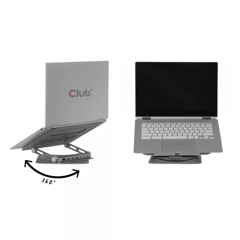 CLUB3D regulējams alumīnija klēpjdatora statīvs ar USB-C® centrmezglu, pelēks, 260 mm, 224 mm, 56 mm, 1,76 kg, 315 mm
