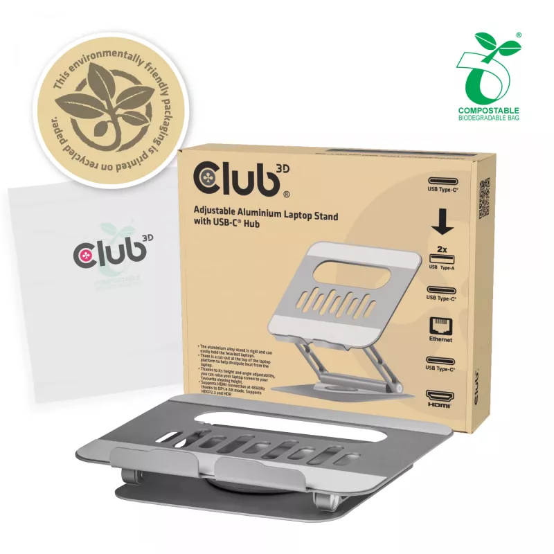 CLUB3D regulējams alumīnija klēpjdatora statīvs ar USB-C® centrmezglu, pelēks, 260 mm, 224 mm, 56 mm, 1,76 kg, 315 mm