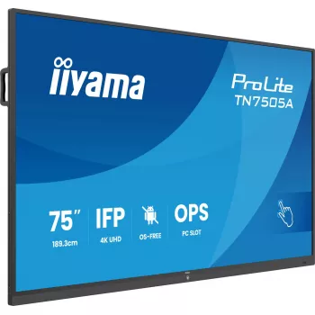 iiyama TN7505A-B1AG Signage Display Interaktīvs plakans panelis 189,3 cm (74,5 collas) 500 cd/m² 4K Ultra HD Melns Skārienekrāns
