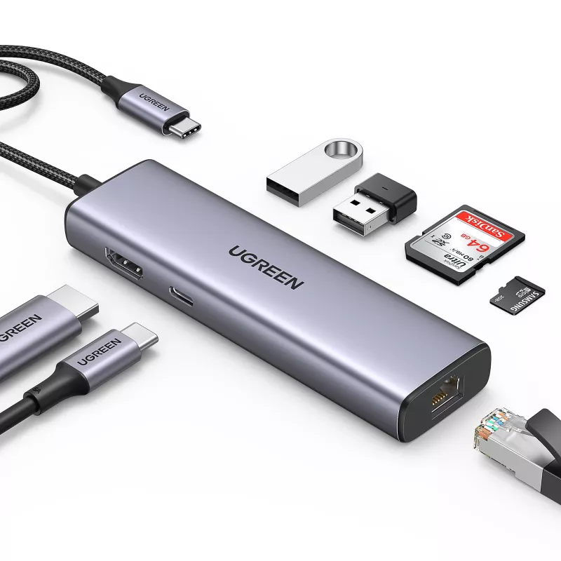 USB-C centrmezgls UGREEN 90568 2 USB 3.0 HDMI RJ45 SD TF PD ports
