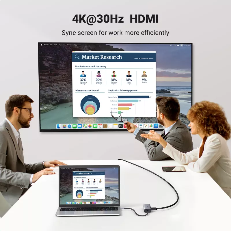USB-C centrmezgls UGREEN 90568 2 USB 3.0 HDMI RJ45 SD TF PD ports