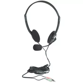 Manhattan Stereo On-Ear Headset (3.5mm), Mikrofona izlice, Iebūvēta skaļuma regulēšana, Putuplasta ausu spilventiņi, Standarta 2x 3.5mm stereo ligzda/spraudnis audio/mikrofona lietošanai, Kabelis 2m, Melns, Trīs gadu garantija