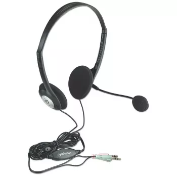 Manhattan Stereo On-Ear Headset (3.5mm), Mikrofona izlice, Iebūvēta skaļuma regulēšana, Putuplasta ausu spilventiņi, Standarta 2x 3.5mm stereo ligzda/spraudnis audio/mikrofona lietošanai, Kabelis 2m, Melns, Trīs gadu garantija