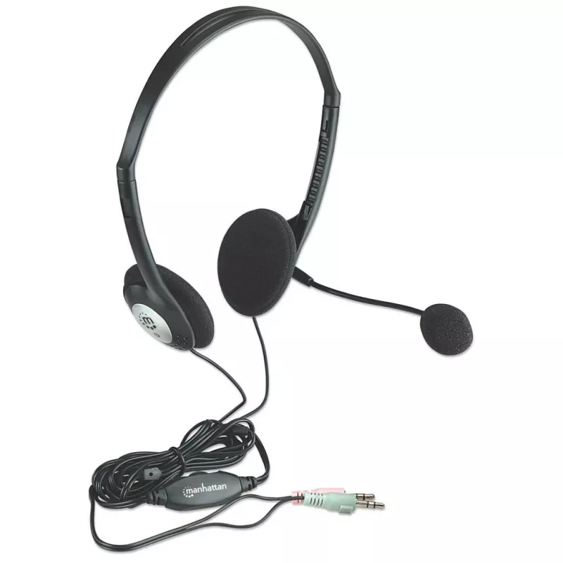 Manhattan Stereo On-Ear Headset (3.5mm), Mikrofona izlice, Iebūvēta skaļuma regulēšana, Putuplasta ausu spilventiņi, Standarta 2x 3.5mm stereo ligzda/spraudnis audio/mikrofona lietošanai, Kabelis 2m, Melns, Trīs gadu garantija