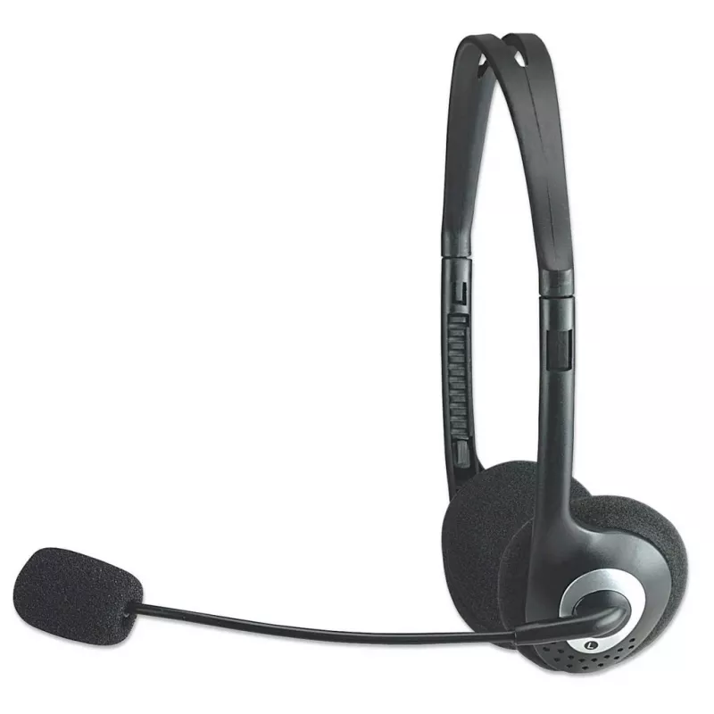 Manhattan Stereo On-Ear Headset (3.5mm), Mikrofona izlice, Iebūvēta skaļuma regulēšana, Putuplasta ausu spilventiņi, Standarta 2x 3.5mm stereo ligzda/spraudnis audio/mikrofona lietošanai, Kabelis 2m, Melns, Trīs gadu garantija