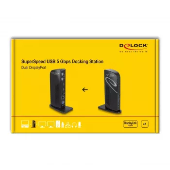 DeLOCK USB dokstacija ar diviem DisplayPort izvadiem, 4K, USB 3.2, LAN un audio