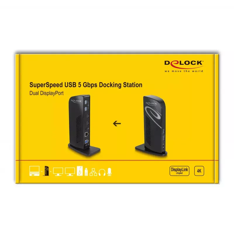 DeLOCK USB dokstacija ar diviem DisplayPort izvadiem, 4K, USB 3.2, LAN un audio
