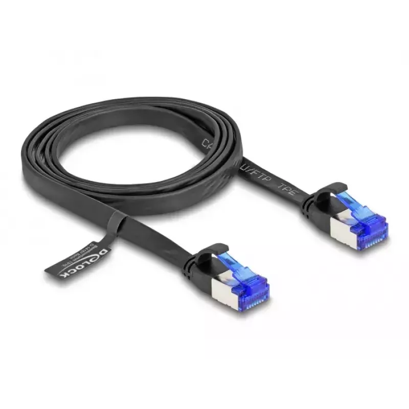 Tīkla kabelis DeLOCK RJ45 plakanais savienotājkabelis kontaktdakša–kontaktdakša Cat.6A 1 m melns