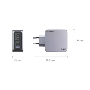 Ugreen Nexode Pro 160W GaN lādētājs ar USB-C kabeli, universāls, melns, pelēks, maiņstrāva, ātrā uzlāde, iekštelpām