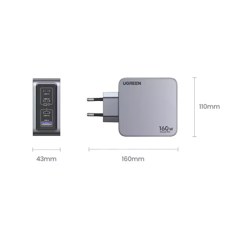 Ugreen Nexode Pro 160W GaN lādētājs ar USB-C kabeli, universāls, melns, pelēks, maiņstrāva, ātrā uzlāde, iekštelpām