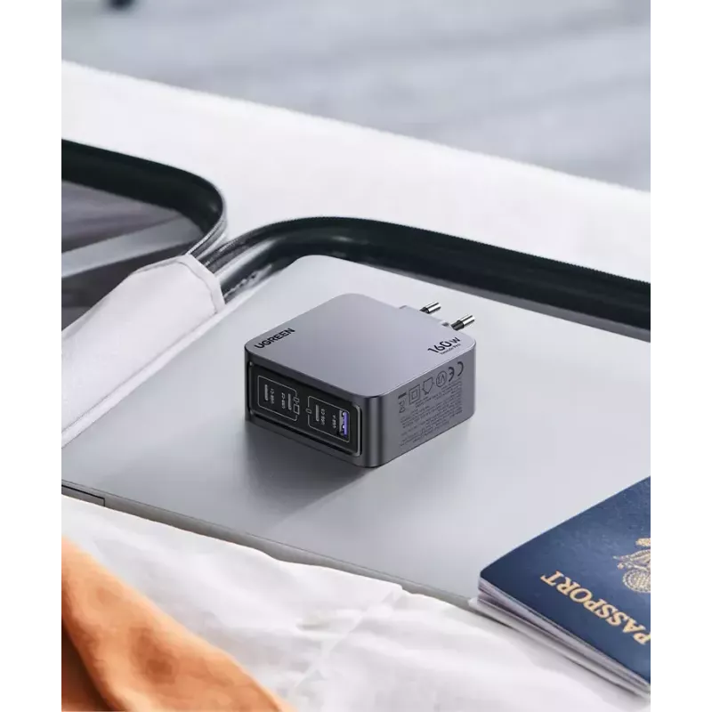 Ugreen Nexode Pro 160W GaN lādētājs ar USB-C kabeli, universāls, melns, pelēks, maiņstrāva, ātrā uzlāde, iekštelpām